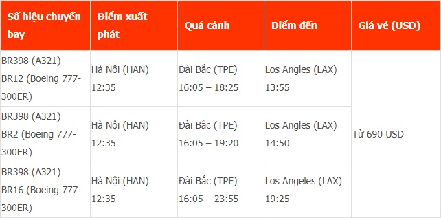 Vé máy bay đi Los Angeles (LAX) của Eva Air